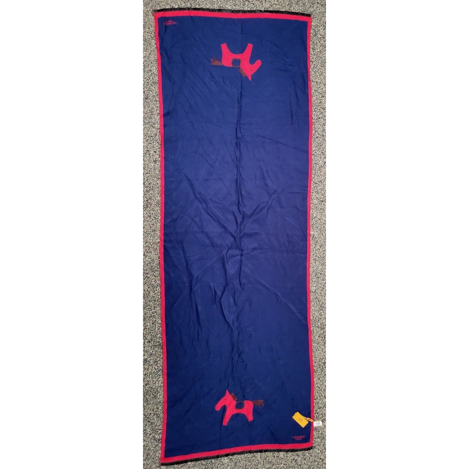 Hermes Paris Wool Cashmere Horse Motif Shawl Scarf Navy Blue Red Made In Italy